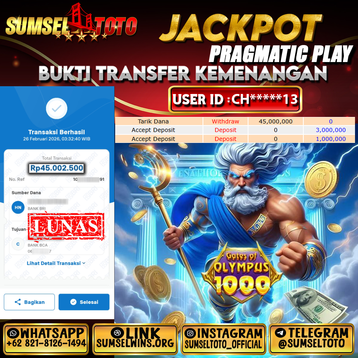 SUMSELTOTO JACKPOT GATES OF OLYMPUS 1000 Rp.45,000,000.,- LUNAS